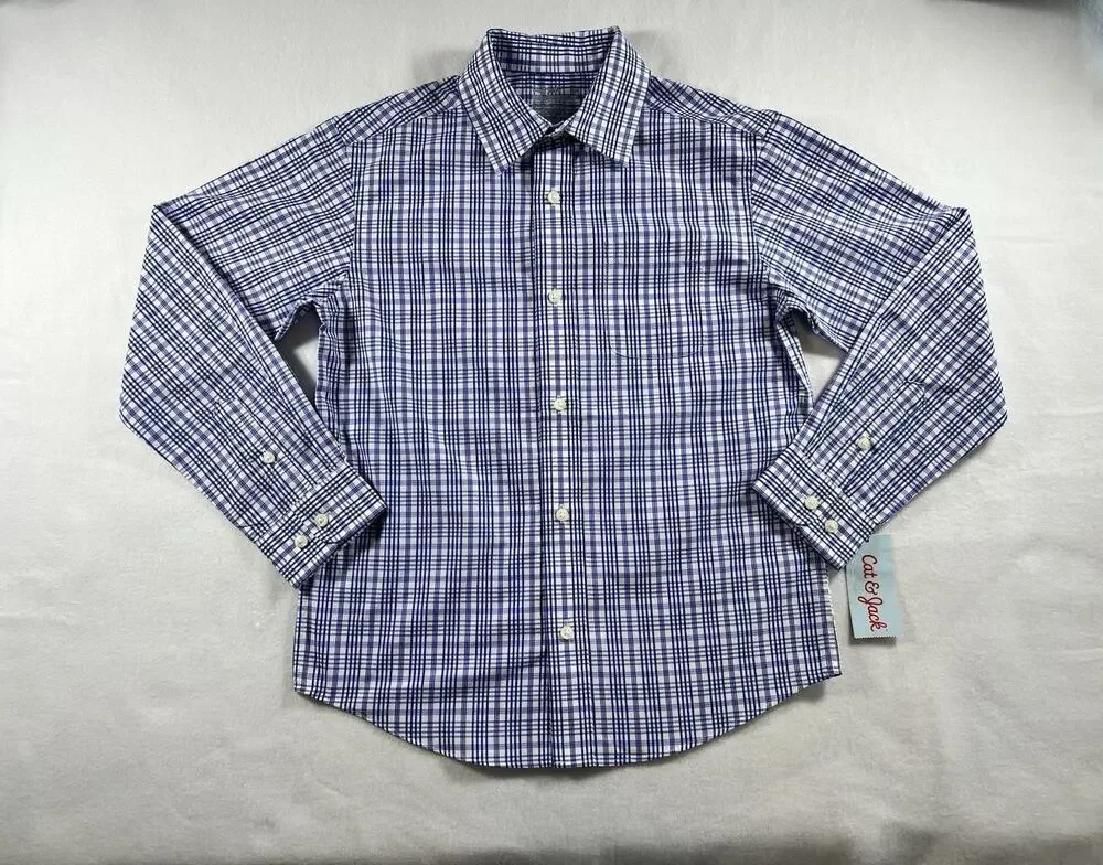 Cat & Jack Boys M (8) Plaid Dress Shirt Blue/Purple/White Long Sleeve Button-Up